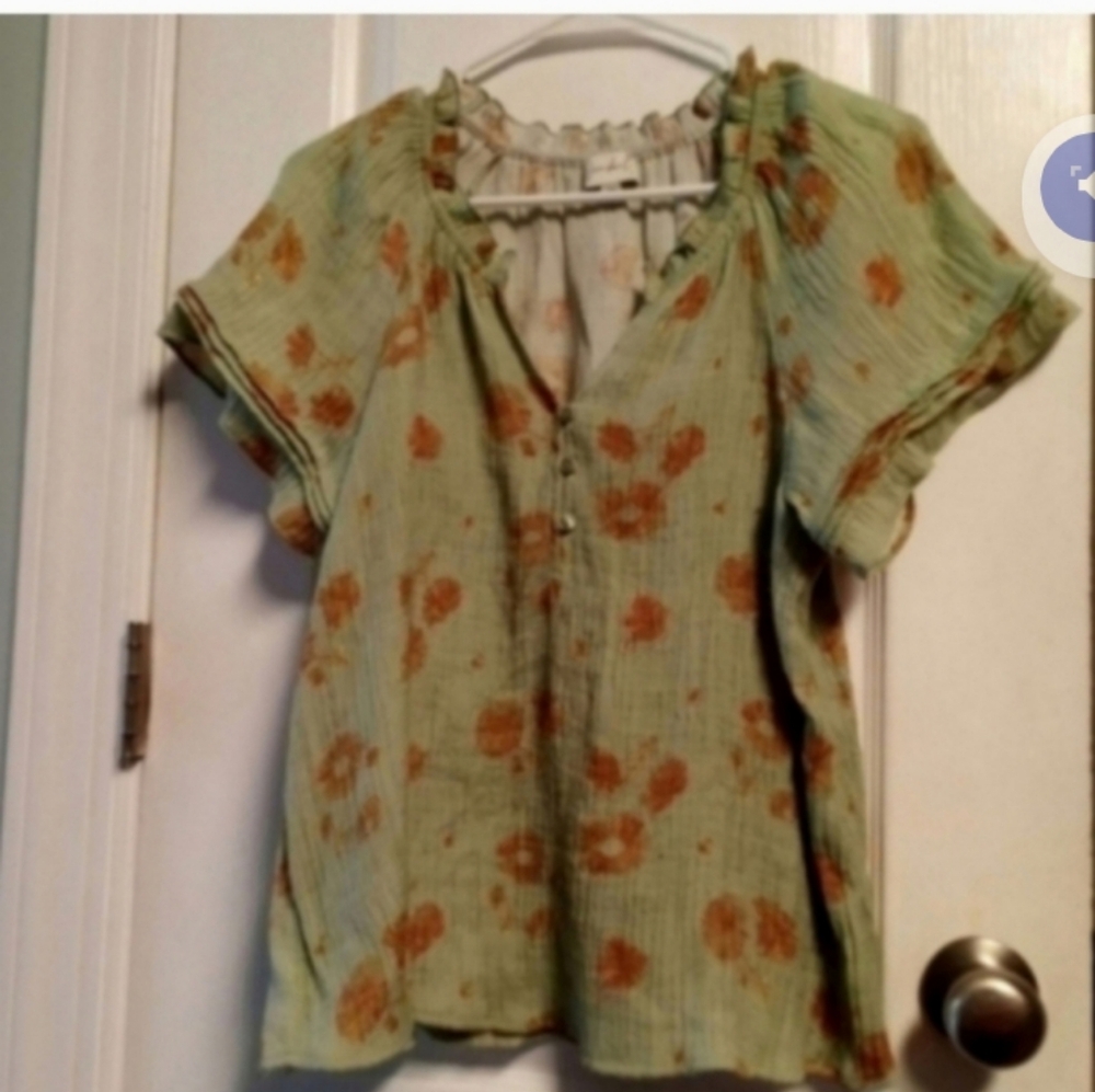 Wonderly Floral Green and Orange Blouse Women's MP Short Sleeve Summer Spring